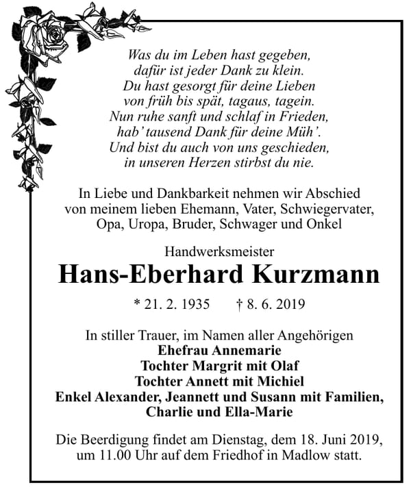 Traueranzeige Hans-Eberhard Kurzmann