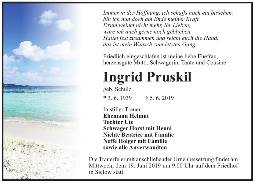 Traueranzeige Ingrid Pruskil, geb. Schulz