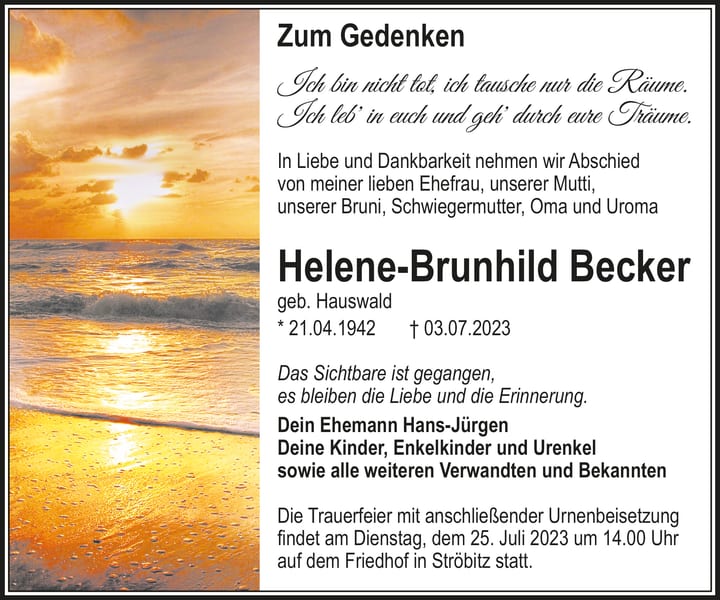 Traueranzeige Helene-Brunhild Becker, geb. Hauswald