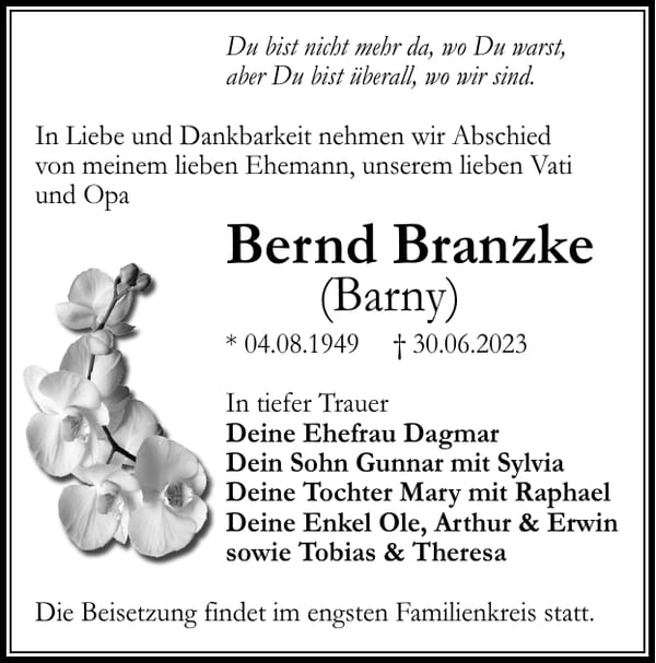 Traueranzeige Bernd Branzke