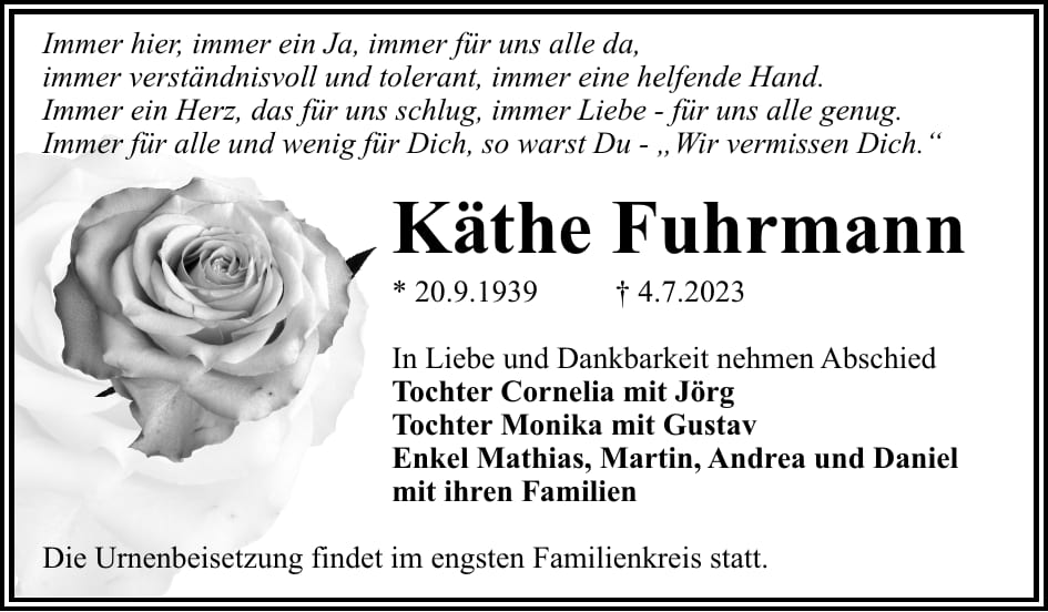 Traueranzeige Käthe Fuhrmann