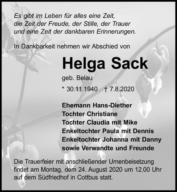 Traueranzeige Helga Sack, geb. Belau