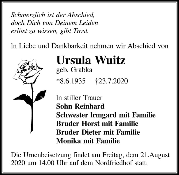 Traueranzeige Ursula Wuitz, geb. Grabka