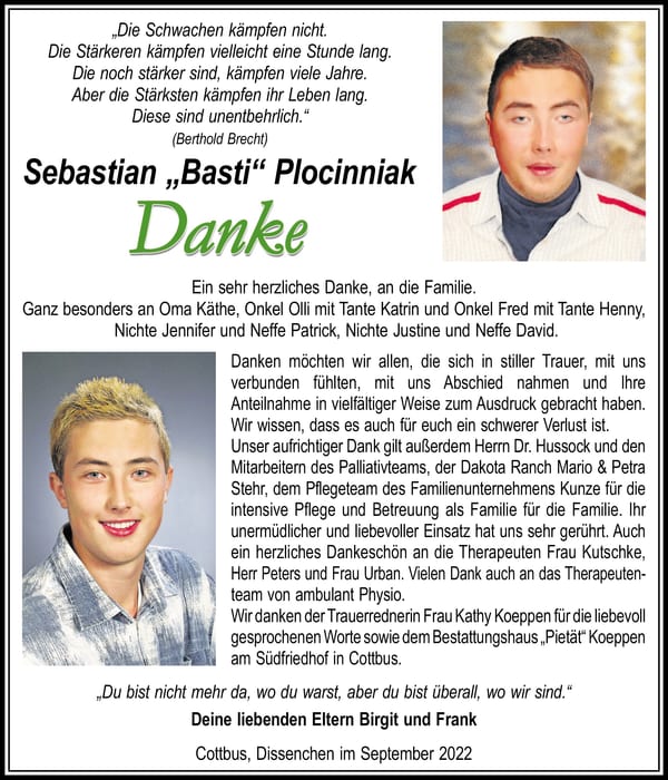 Danksagung Sebastian „Basti“ Plocinniak