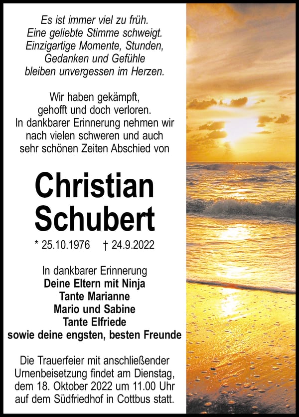 Traueranzeige Christian Schubert