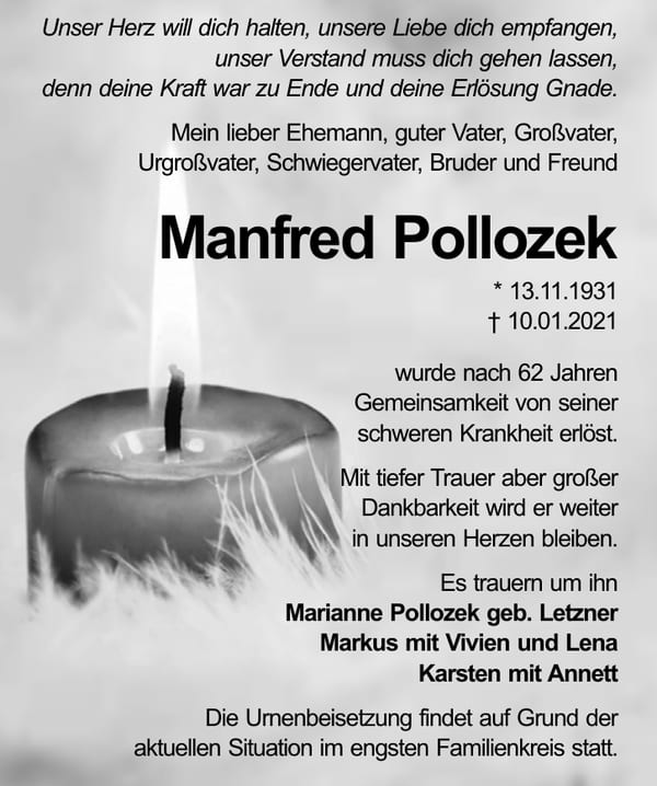Traueranzeige Manfred Pollozek, geb. Letzner