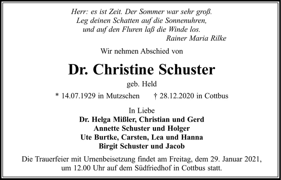 Traueranzeige Dr. Christine Schuster, geb. Held