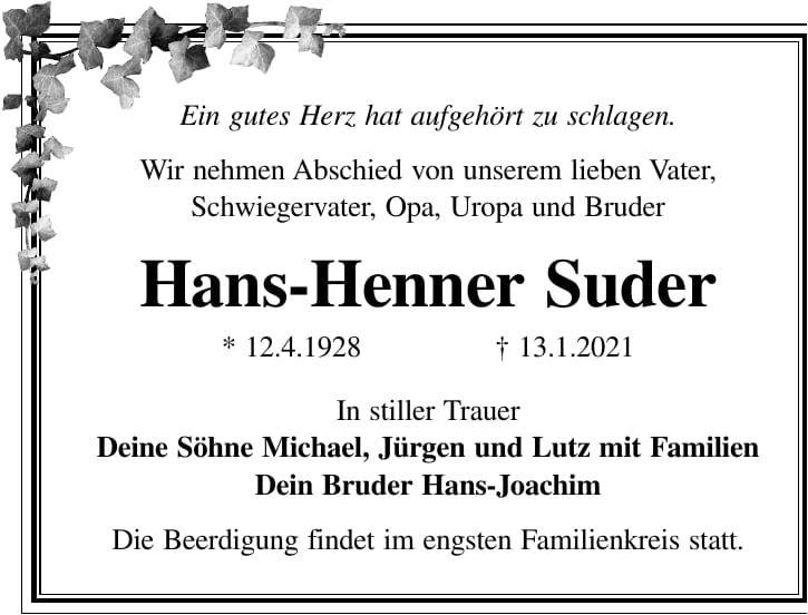 Traueranzeige Hans-Henner Suder