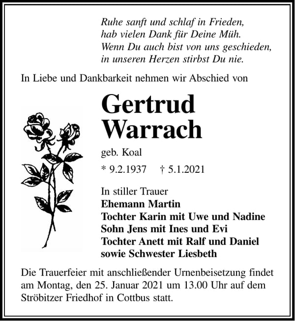 Traueranzeige Gertrud Warrach, geb. Koal