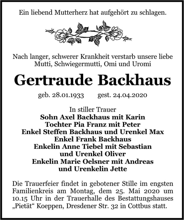 Traueranzeige Gertraude Backhaus