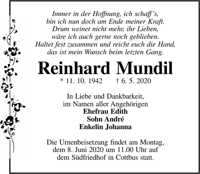 Traueranzeige Reinhard Mundil