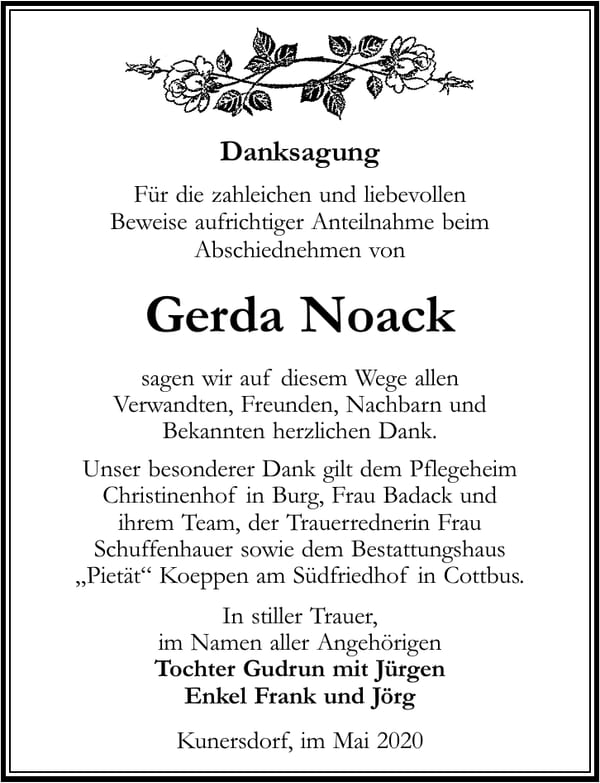 Danksagung Gerda Noack