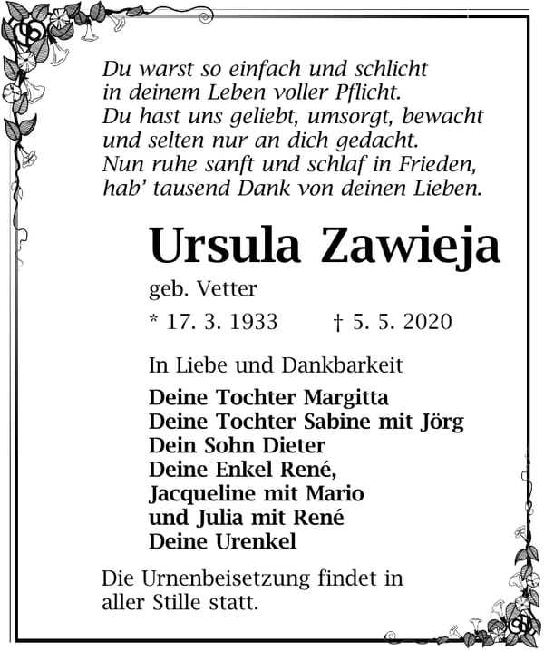 Traueranzeige Ursula Zawieja, geb. Vetter