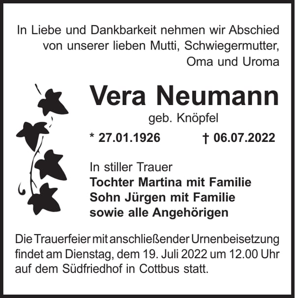 Traueranzeige Vera Neumann, geb. Knöpfel
