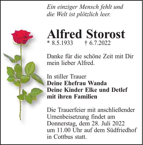Traueranzeige Alfred Storost