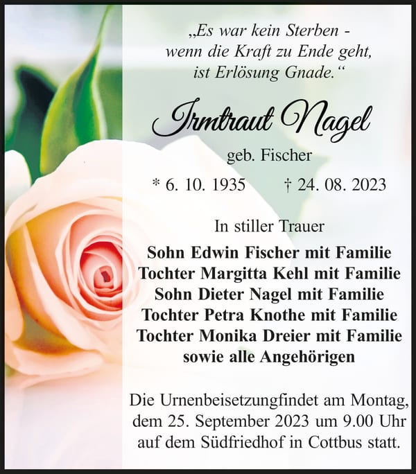 Traueranzeige Irmtraut Nagel, geb. Fischer