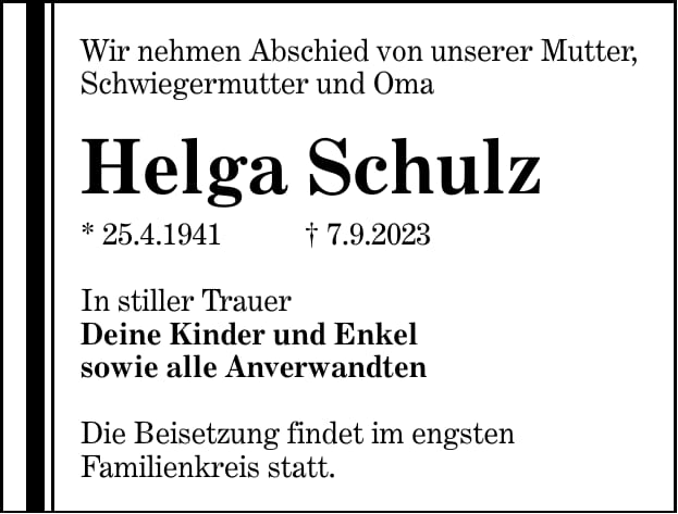 Traueranzeige Helga Schulz