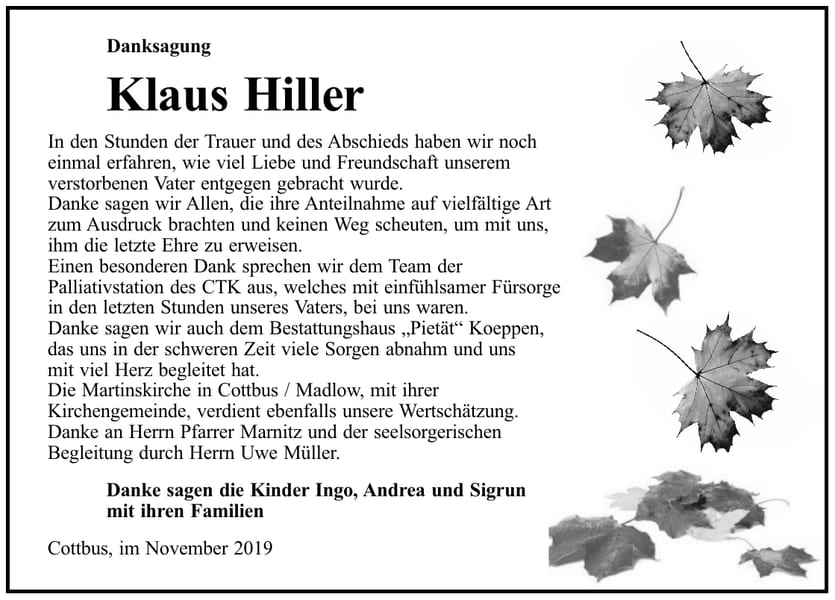 Danksagung Klaus Hiller