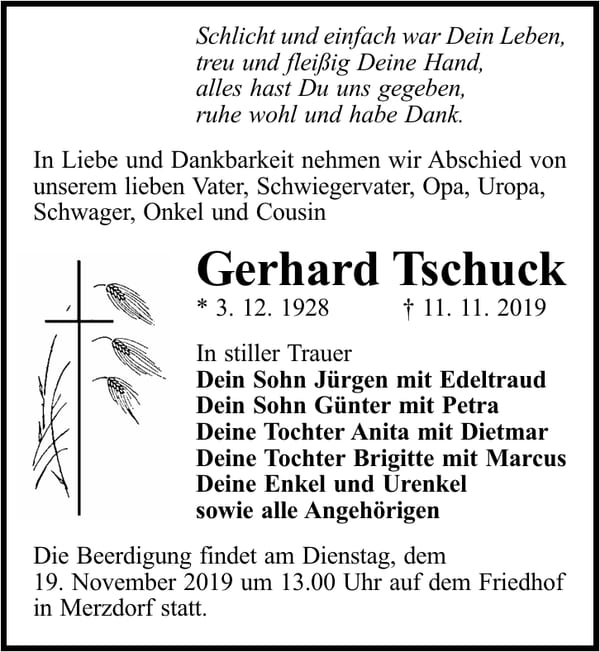 Traueranzeige Gerhard Tschuck