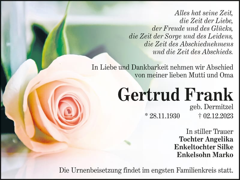 Traueranzeige Gertrud Frank, geb. Dermitzel