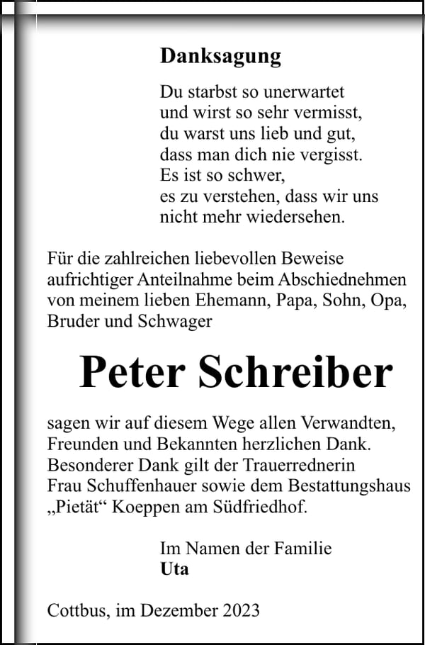 Danksagung Peter Schreiber
