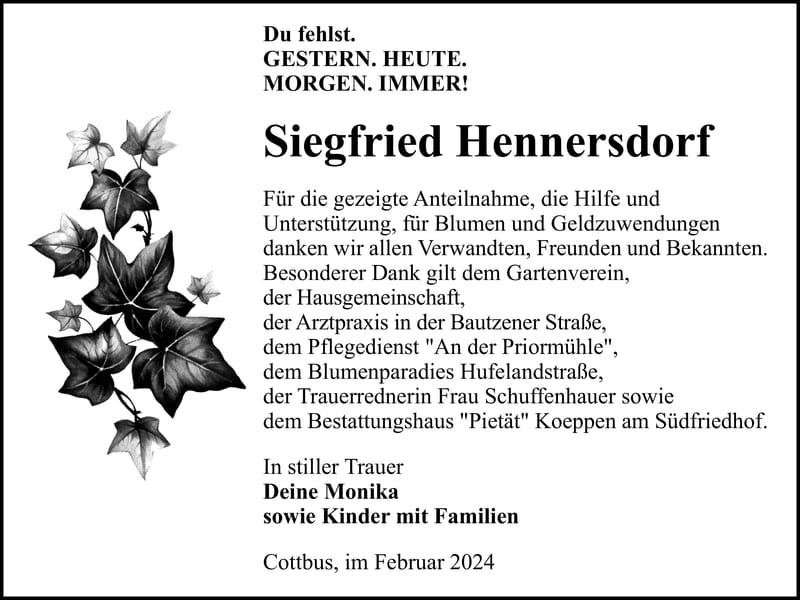 Danksagung Siegfried Hennersdorf