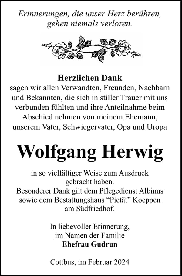 Danksagung Wolfgang Herwig