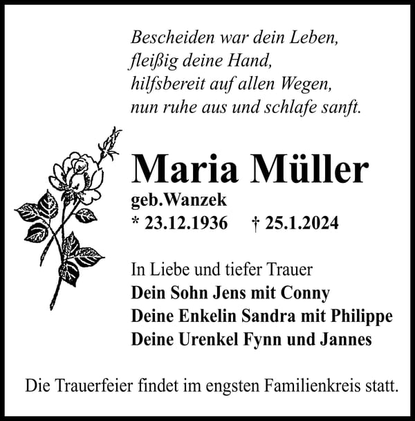 Traueranzeige Maria Müller, geb. Wanzek