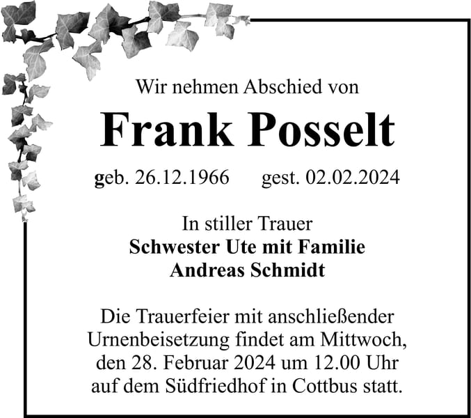 Traueranzeige Frank Posselt