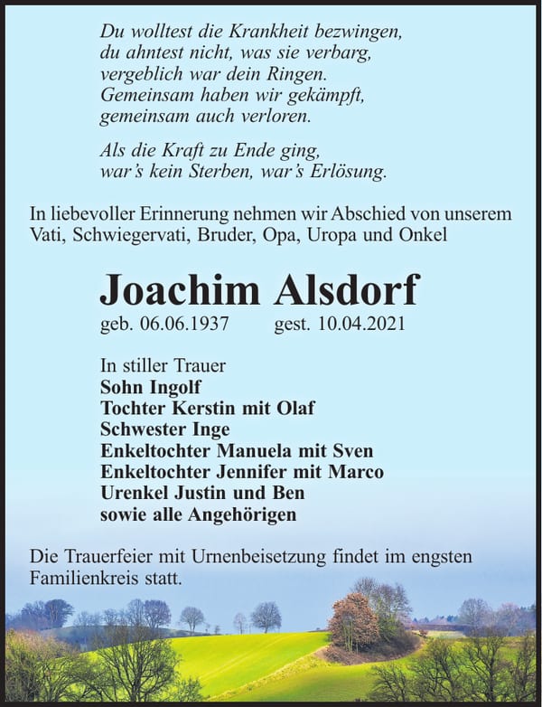 Traueranzeige Joachim Alsdorf