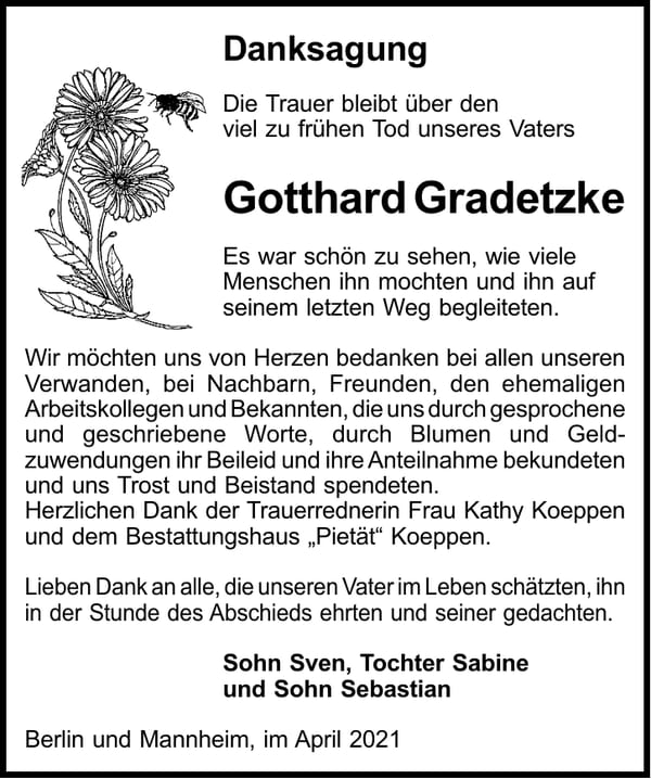 Danksagung Gotthard Gradetzke