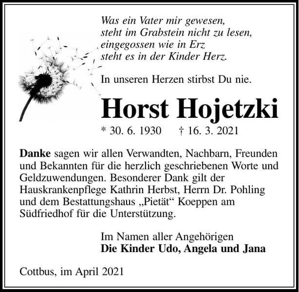Danksagung Horst Hojetzki