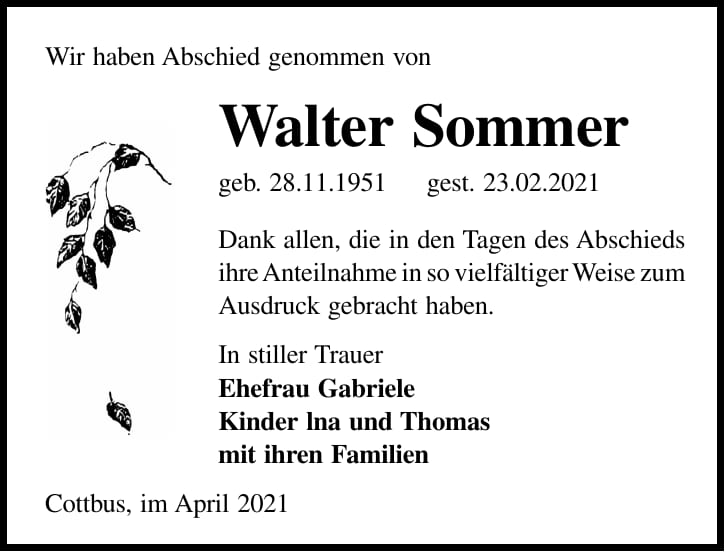 Danksagung Walter Sommer