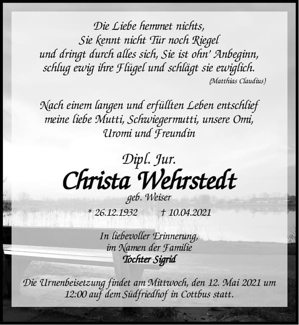 Traueranzeige Dipl. jur. Christa Wehrstedt, geb. Weiser