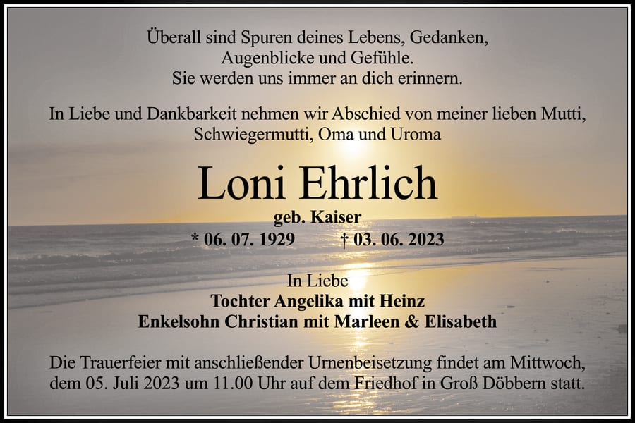 Traueranzeige Loni Ehrlich, geb. Kaiser