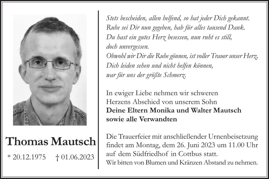 Traueranzeige Thomas Mautsch