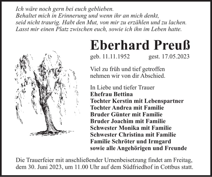 Traueranzeige Eberhard Preuß