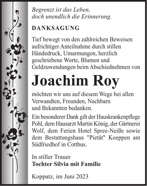 Danksagung Joachim Roy