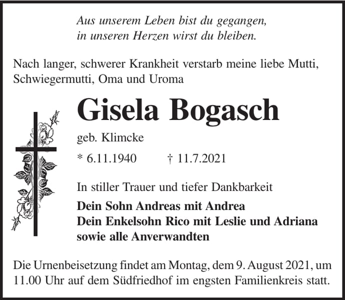 Traueranzeige Gisela Bogasch, geb. Klimcke