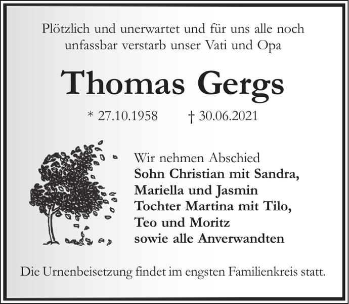 Traueranzeige Thomas Gergs