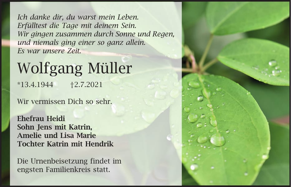 Traueranzeige Wolfgang Müller
