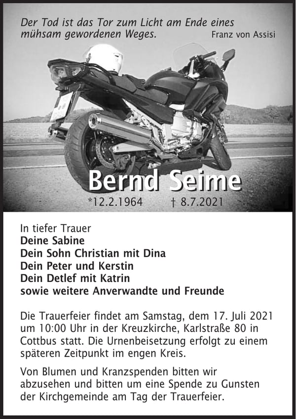 Traueranzeige Bernd Seime