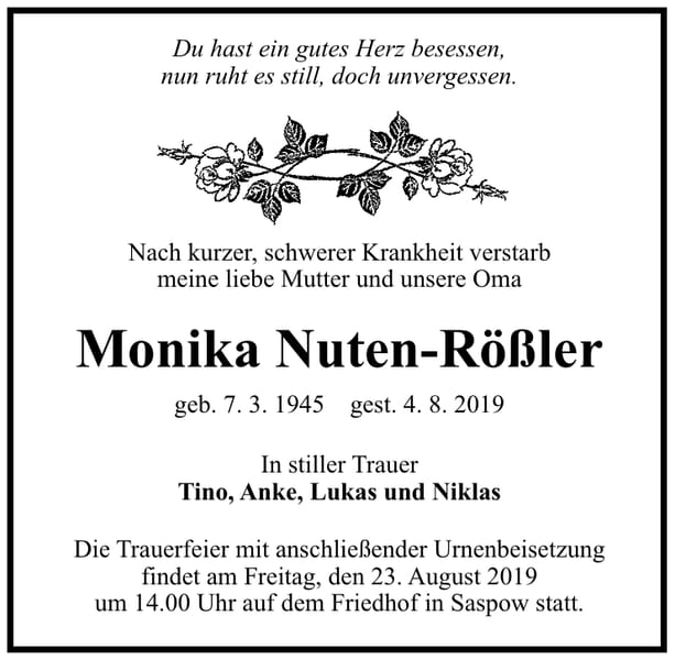 Traueranzeige Monika Nuten-Rößler