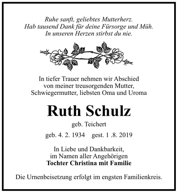 Traueranzeige Ruth Schulz, geb. Teichert