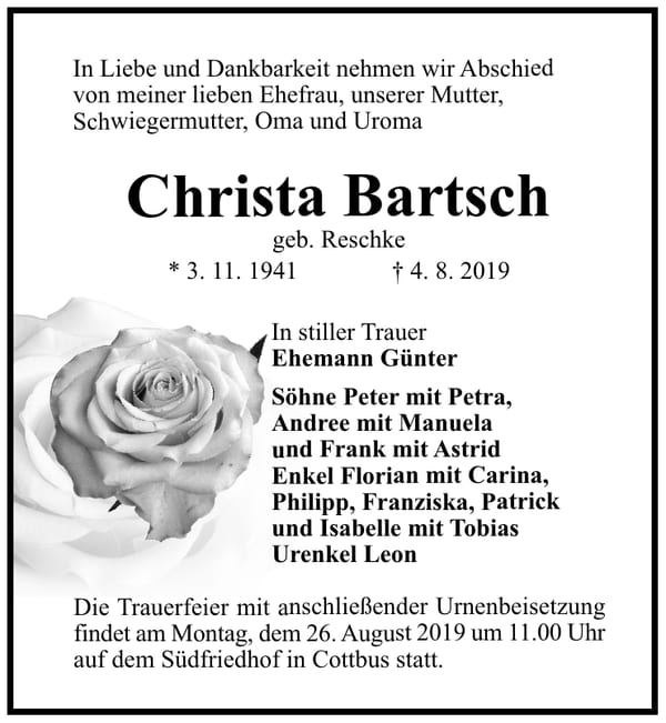 Traueranzeige Christa Bartsch, geb. Reschke