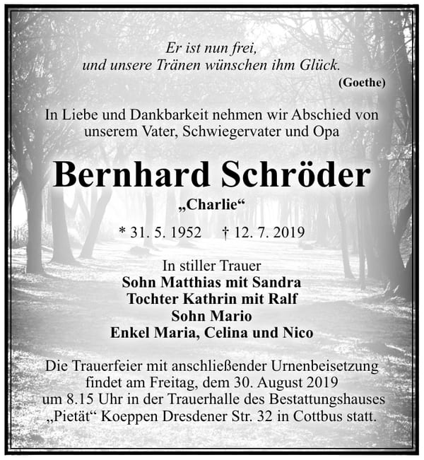 Traueranzeige Bernhard Schröder