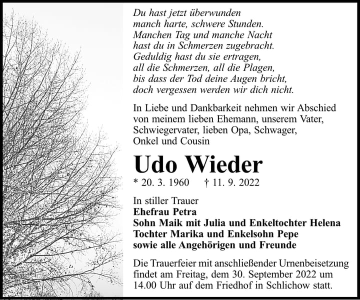 Traueranzeige Udo Wieder