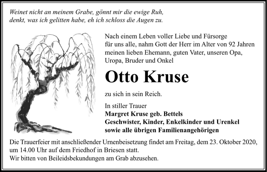 Traueranzeige Otto Kruse, geb. Bettels