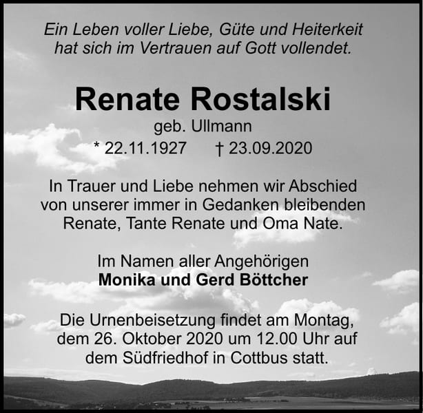 Traueranzeige Renate Rostalski, geb. Ullmann