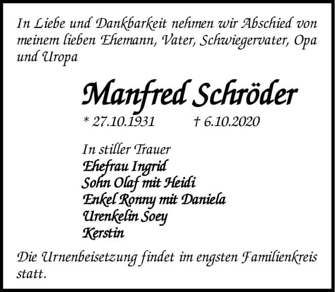 Traueranzeige Manfred Schröder